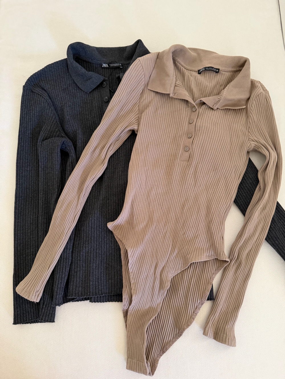 Zara Ribbed Button-Down Long Sleeve Top in Taupe and Charcoal